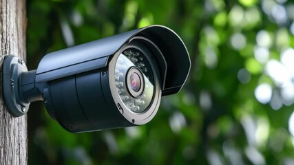 Poster - A security camera mounted on a wooden pole, ideal for outdoor surveillance
