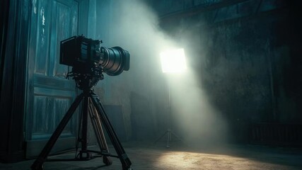 Poster - Camera on a tripod in a dark room with minimal lighting
