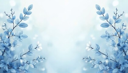 Poster - Pale blue floral branches frame soft background. Delicate flowers, leaves create gentle, dreamy, romantic, airy, peaceful composition. Perfect for design, wedding, invitation, card, template, art,