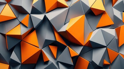 Poster - an abstract geometric pattern featuring a three-dimensional arrangement of orange and gray triangula