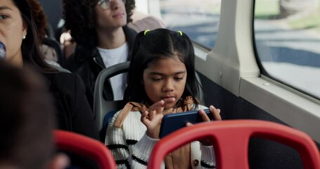 Aufkleber - bus, mother and girl with cellphone, travel and help with social media, public transportation and te