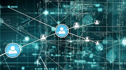 Poster - Connections and data processing in a digital network environment with futuristic elements, globe and data processing over network of connections