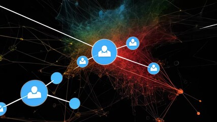 Poster - Network of colorful connections across a black background depicting intricate relationships and data points, network of connections over spots on black background