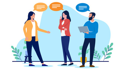 Fototapete - Work conversation - Businesspeople talking together in office with speech bubbles. Flat design vector illustration isolated on white background