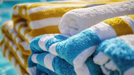 Poster - Towels stacked near a swimming pool, ready for use