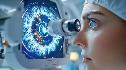 Poster - A woman is looking at a computer screen with a blue eye