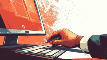 Poster - businessman hand working with new modern computer and business strategy as concept illustration , no logos, no brands