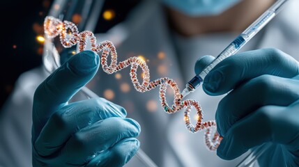 Poster - A scientist is holding a DNA strand and injecting it with a syringe