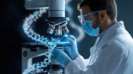 Aufkleber - A man in a lab coat is working with a microscope, looking at a strand of DNA
