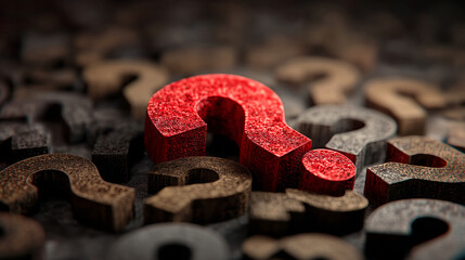 Poster - Red question mark stands out among many brown ones, symbolizing uniqueness, problem-solving, or finding answers.  A textured, close-up view.