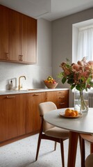 Poster - A spacious kitchen showcases brown cabinets and white tiles, with a dining table adorned with fresh fruit and a beautiful floral centerpiece, creating a cozy atmosphere