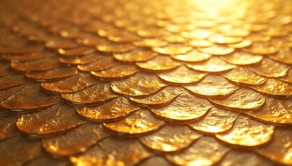 Fototapete - Golden scales texture. Abstract luxury background, wavy shapes. Polished metal blocks, fish scale tiles on a natural stone wall. 3D textured design. Wavy surface, rich gold color.
