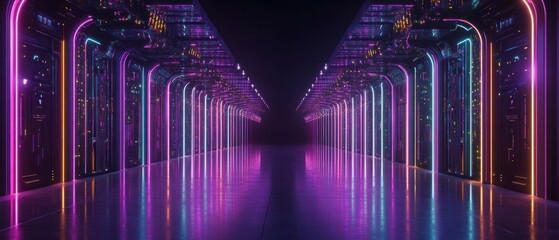 Poster - Vibrant neon corridor futuristic digital background technology illustration