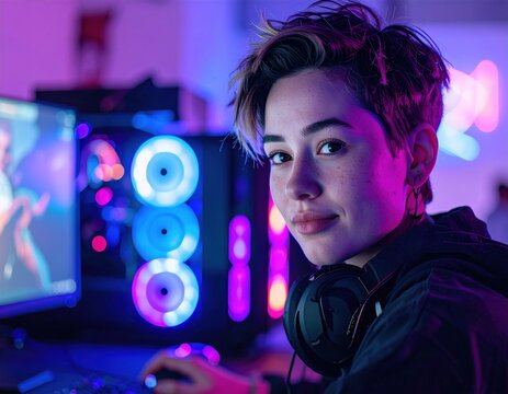 Skilled gamer focuses intently on the screen, surrounded by dynamic lights and advanced technology.