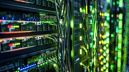Poster - Rack focus revealing an abstract network connection with vibrant lights and cables in a technology setting, Rack focus through a series of abstract network connections