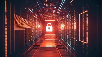 Poster - Digital security padlock icon amidst abstract data processing in a virtual environment, Security padlock icon and data processing against glowing tunnel
