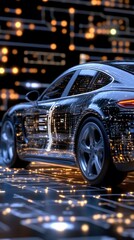 Poster - A sleek futuristic car is positioned above a luminous AI circuit board, enveloped in vibrant data and code streams showcasing advanced tech
