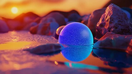 Poster - Colorful assortment of balls on table with blue egg resting on textured rock surface in natural light