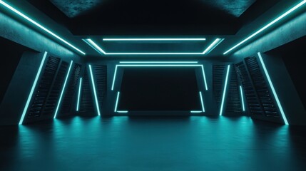 Poster - Abstract room with neon lighting geometric shapes and metallic textures