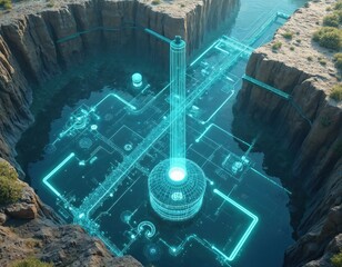 Fototapete - Illustration of underground IoT monitoring system within water infrastructure. Smart network digital technology manages analysis of underground pipeline water systems for automation control