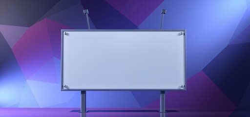 Poster - A blank white billboard stands against a geometric purple and blue background design art