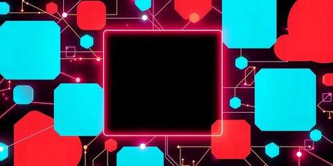 Poster - Abstract glowing square frame surrounded by blue and red shapes on a dark background