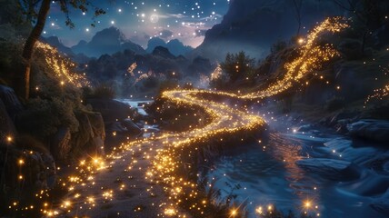 Poster - Abstract of seamless pattern magical star emit light in natural scene or sparkling particles on nature view with glowing effect perfect for visual design convey sense of energetic and fantasy. AIG53.