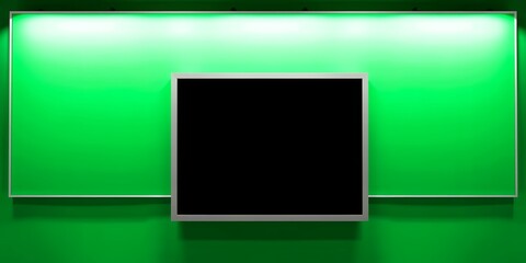 Poster - A black screen in front of a green wall with a bright light at the top of the wall space