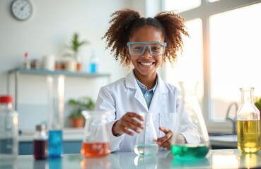 Poster - Smiling African American girl studies chemical experiment. Young student experiments in school lab with glassware, liquids. Chemistry education, kids science, biotechnology, medical research concept.