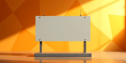 Poster - A blank white sign on a gray stand against an abstract orange and yellow background wall