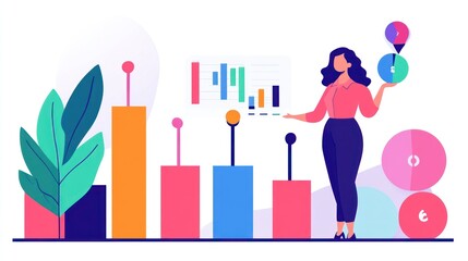 Poster - Businesswoman Analyzing Data and Presenting Financial Charts with Growing Bar Graph and Pie Charts for Business Growth and Success