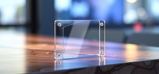 Poster - A clear acrylic frame with screws on a reflective surface in a blurred background scene