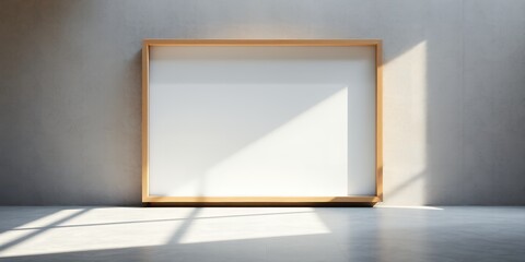 Poster - A blank canvas in a wooden frame resting against a wall with sunlight casting shadows on it