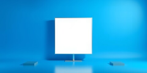 Poster - White square display on a metal stand against a blue background with two small platforms