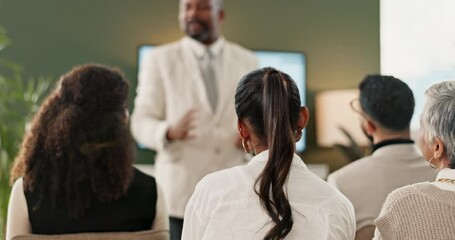 Poster - Business people, audience and question in presentation with back for corporate seminar, workshop and discussion. Professional, collaboration and rear view with speaker, training or feedback in office