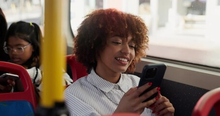 Poster - Bus, woman and smile with smartphone for communication, travel map and chat with contact. Public transport, female person and happy passenger with mobile for location app, commute and message in city