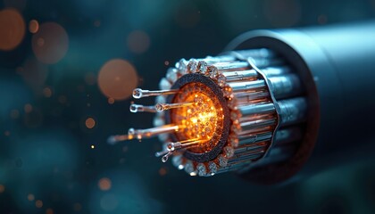 Aufkleber - Extreme close-up of undersea internet cable cross-section. Multiple layers, copper, fiber optic cores transmit data signals across oceans. Tech innovation, global communication, high-speed internet
