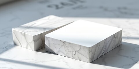 Poster - Two square marble pedestals on a marble surface under sunlight creating shadows and highlights