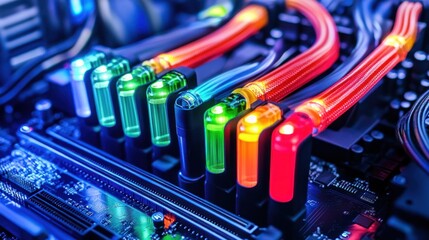 Poster - Vibrant rgb computer components close up illuminated circuit board and tubes