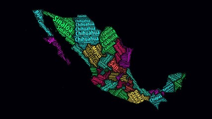 Poster - Mexico Intro Video. Regions Word Clouds Animation. Mexico regions names in Spanish language fading in on black background. Country building of territory names video. Artistic animation.