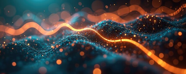 Poster - Abstract illustration of operational effectiveness. Wavy lines with dots, dots and bokeh lights in orange and blue colors. Suitable for business, tech, digital design.