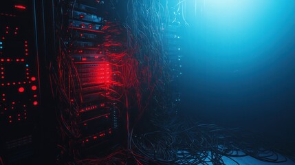 Poster - Network server room red blue cables data center technology