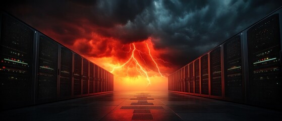 Poster - Server room storm dramatic technology image with lightning