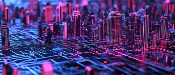 Poster - Futuristic cityscape neon digital city on circuit board