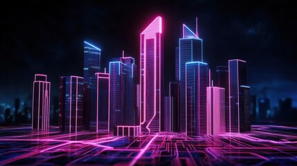 Aufkleber - Futuristic cityscape neon lights glowing skyscrapers night abstract illustration