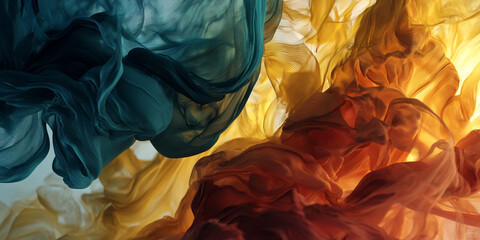Fototapete - Abstract image of flowing teal, gold, and burnt orange fabric creating a dynamic, swirling composition, showcasing texture and movement, ideal for design background