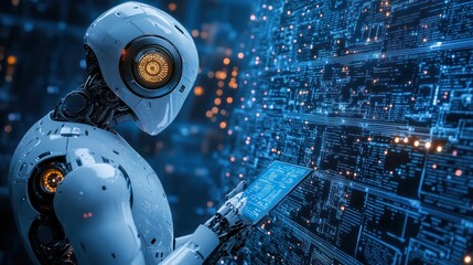 Poster - Futuristic robot analyzing digital code interface