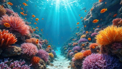 Aufkleber - Vibrant underwater coral reef scene, full of life with diverse coral formations. Colorful fish swim near reef in clear blue ocean water, sunlight rays illuminate. Ideal for eco, marine, travel themes.