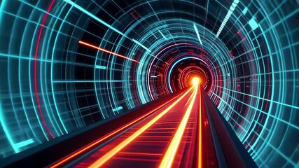 Poster - Neon digital tunnel with vibrant shapes moving rapidly, neon digital tunnel over shapes moving