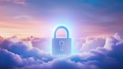 Poster - Glowing padlock on clouds digital security and protection concept